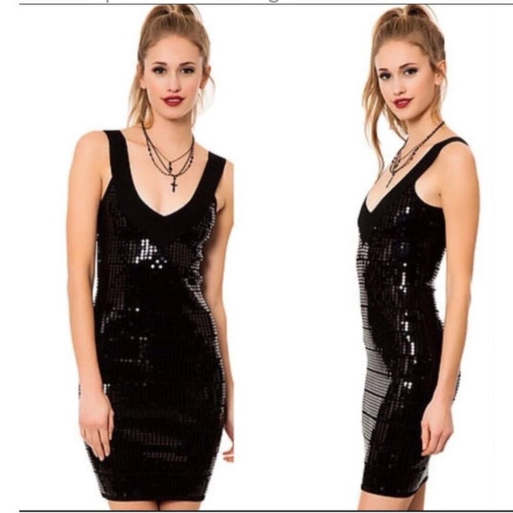 BB Dakota Sequin Bandage Mini Dress B‎ Black M Sleeveless Bodycon Party Cocktail